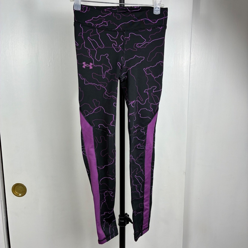 Under Armour Girls Black Purple Topographic Line Athletic Leggings YSM